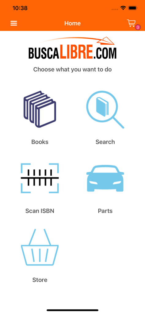 BuscaLibre - BuscaLibre app home screen showing main categories for books search scan ISBN and store