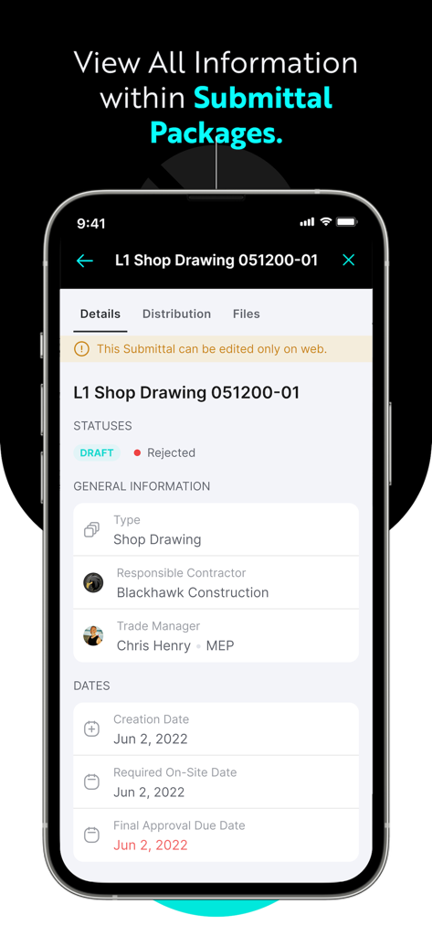 INGENIOUS.BUILD - Mobile interface of INGENIOUS.BUILD showing submittal package details including shop drawings and contractor information.