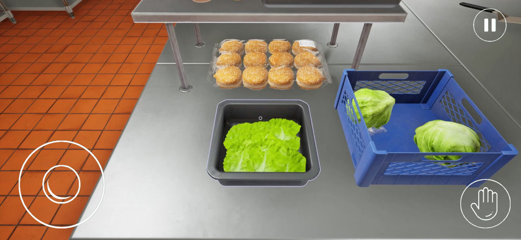 Fast Food Restaurant Simulator - ファストフードレストランシミュレーターのキッチン準備台で、ハンバーガーのパンと新鮮なレタスが置かれたファーストパーソンビュー