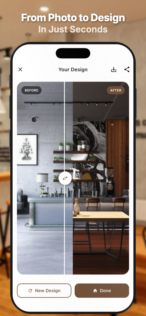 AI Coffee Shop Design - A mobile app screen showing a split-view before and after comparison of a coffee shop interior design