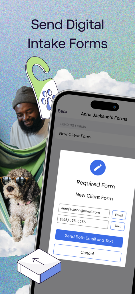 Ein Smartphone-Bildschirm, der die digitale Aufnahmeformularfunktion innerhalb der DaySmart Pet App für Tierpflegeprofis anzeigt