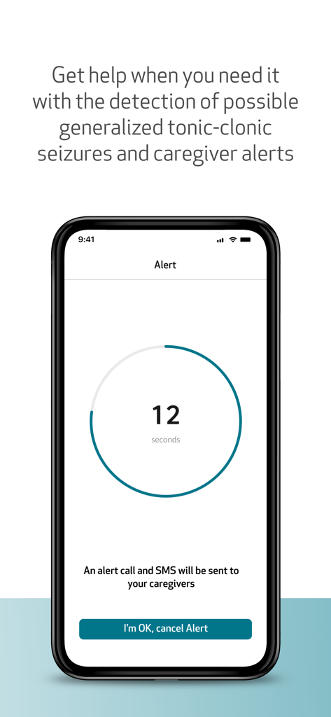 EpiMonitor by Empatica - EpiMonitor app screen showing a seizure alert countdown with a notification that an alert call and SMS will be sent to caregivers.