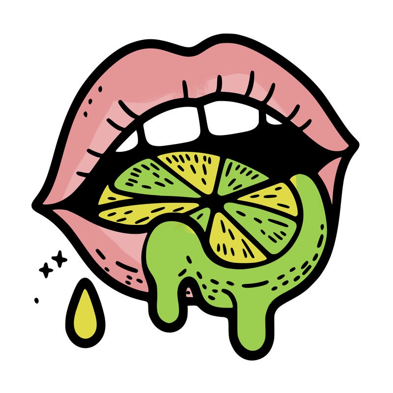 lips with a lemon in it and lemon juice  dripping