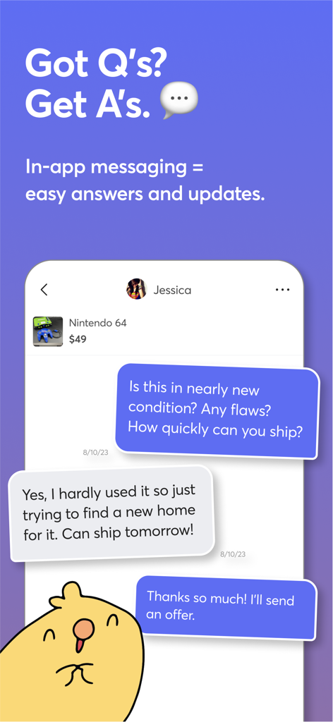 A screenshot of the Mercari app showing the in app messaging interface for buyers and sellers