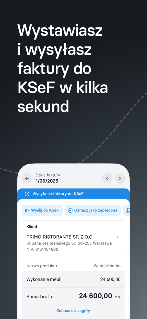 inFakt — KSeF Faktury Księgowi - Mobile app screen showing an invoice draft and the option to send it to the Polish national e-invoice system KSeF