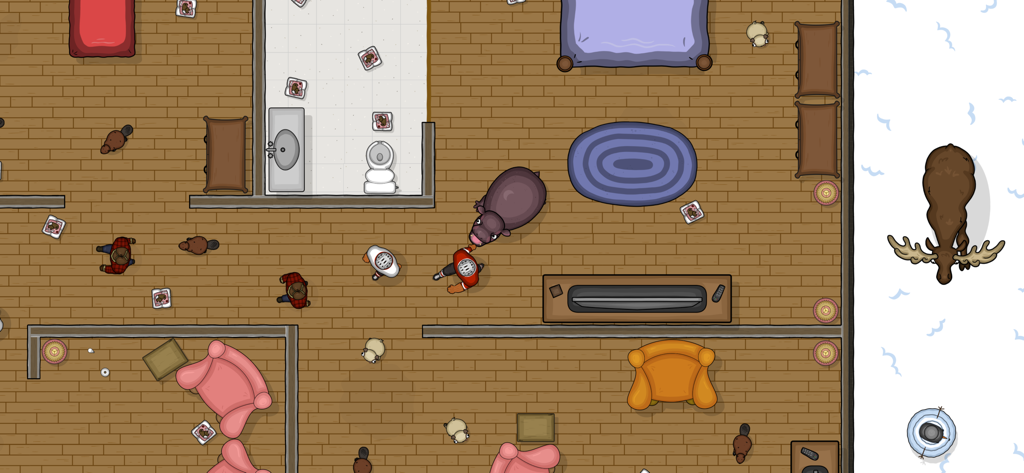 A top down view of a hippo eating characters inside a house in the House Hippo level of Tasty Planet Final Bite.