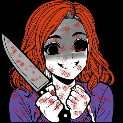 a realistic girl holding a knife and grinning