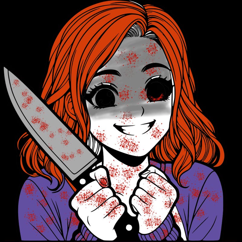 a realistic girl holding a knife and grinning