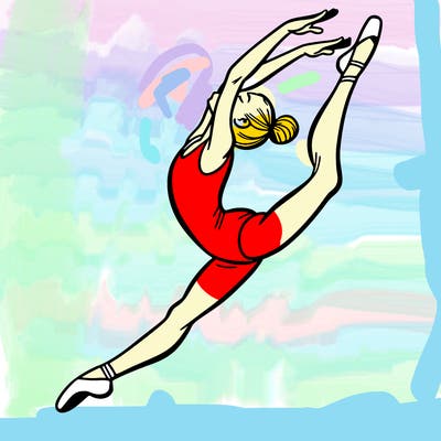 gymnast doing a leap in a leotard with a bent back leg