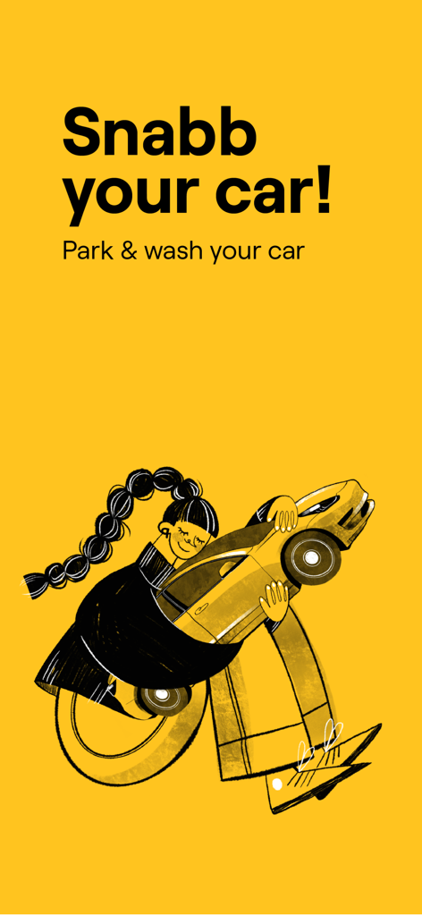 Snabb - park, wash, charge - Illustration of a woman hugging a car on a yellow background with the text Snabb your car