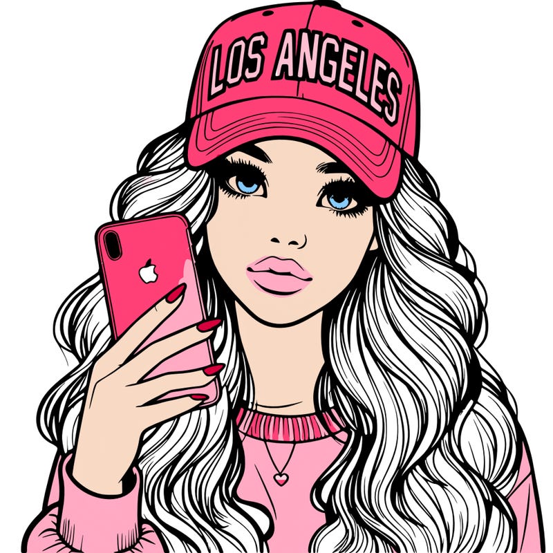 realistic beautiful girl wearing los ángeles cap holding an iphone