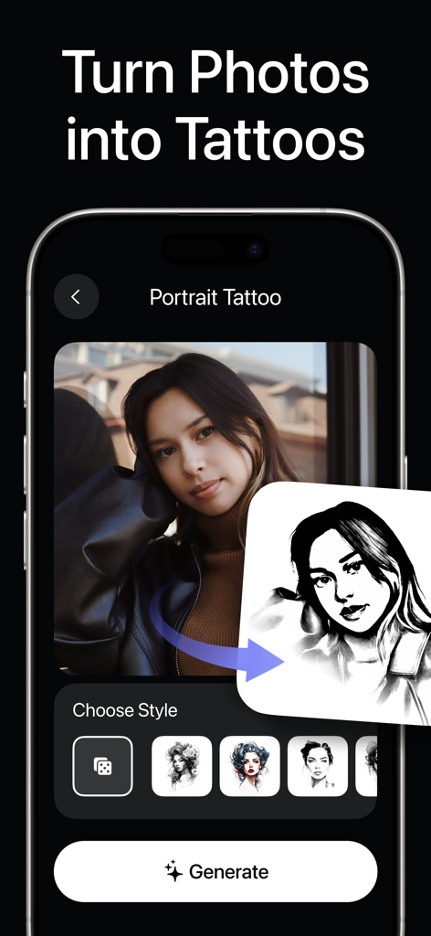 ポートレート写真をタトゥースケッチに変換しているAIアプリのインターフェース
