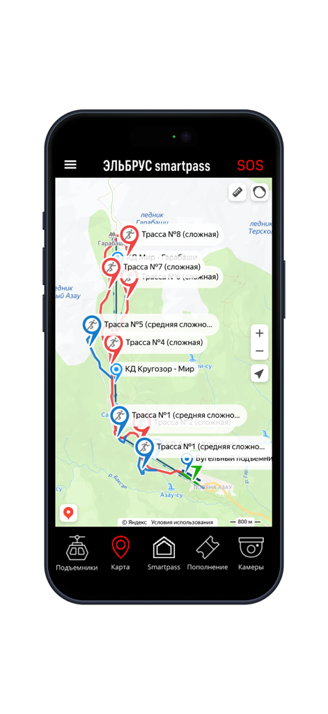 Эльбрус SmartPass - Mapa de la aplicación móvil que muestra las pistas de esquí en el Monte Elbrús con clasificaciones de dificultad