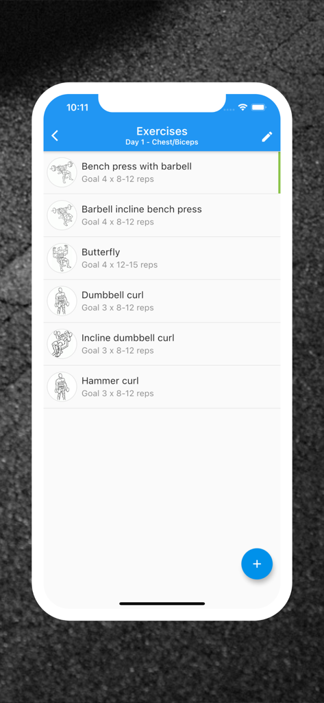 Carnet de Musculation - My Workout Log 앱의 가슴 및 이두 운동을 위한 운동 목록 화면