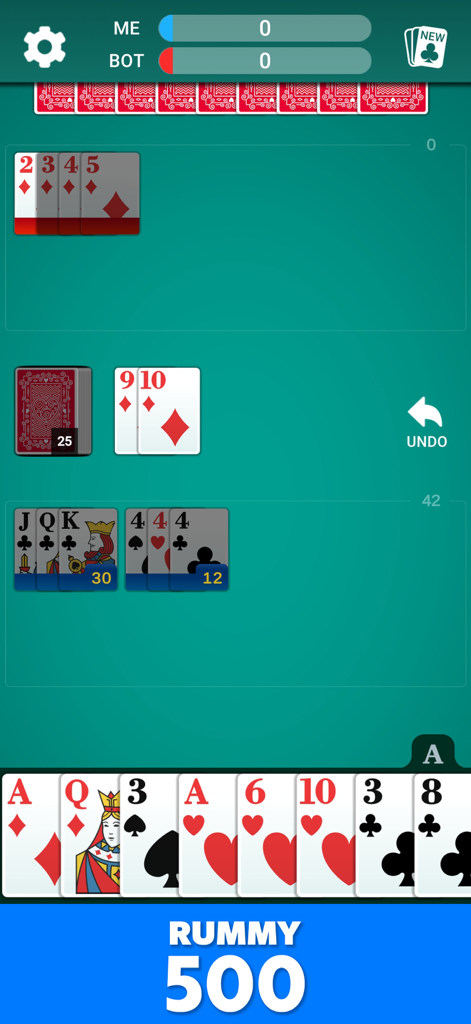 Interface do jogo de cartas Rummy 500 mostrando cartas grandes e layout de jogo clássico