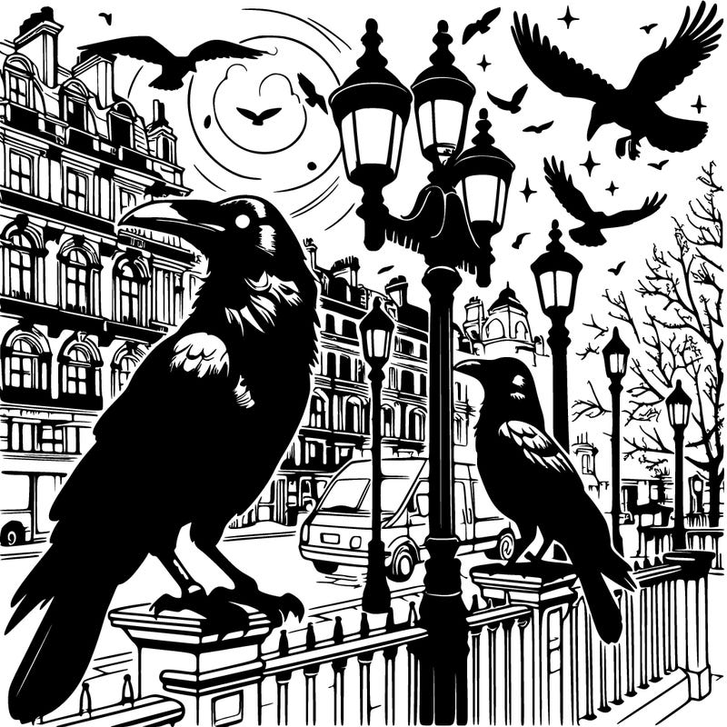 realistic victorian crows in london at night on lamp posts