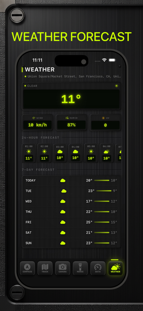 Compass X: GPS Map,Tracker - Panel de pronóstico meteorológico de la aplicación Compass X con datos técnicos de 7 días y 24 horas en modo oscuro táctico