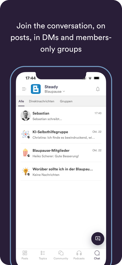 Steady App - Steady app chat interface showing direct messages and members only community groups
