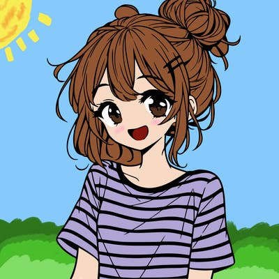 anime girl teenager striped shirt and smile and messy bun