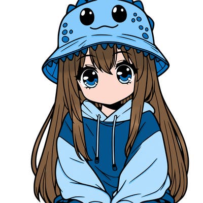 girl with anime shaped eyes with a dinosaur bucket hat oversized sweatshirt long straight hair