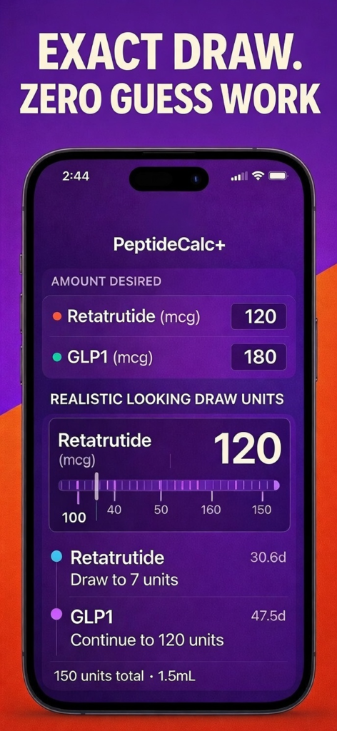 PeptideCalc+ app interface showing dosage calculations for multiple compounds with a visual syringe ruler.