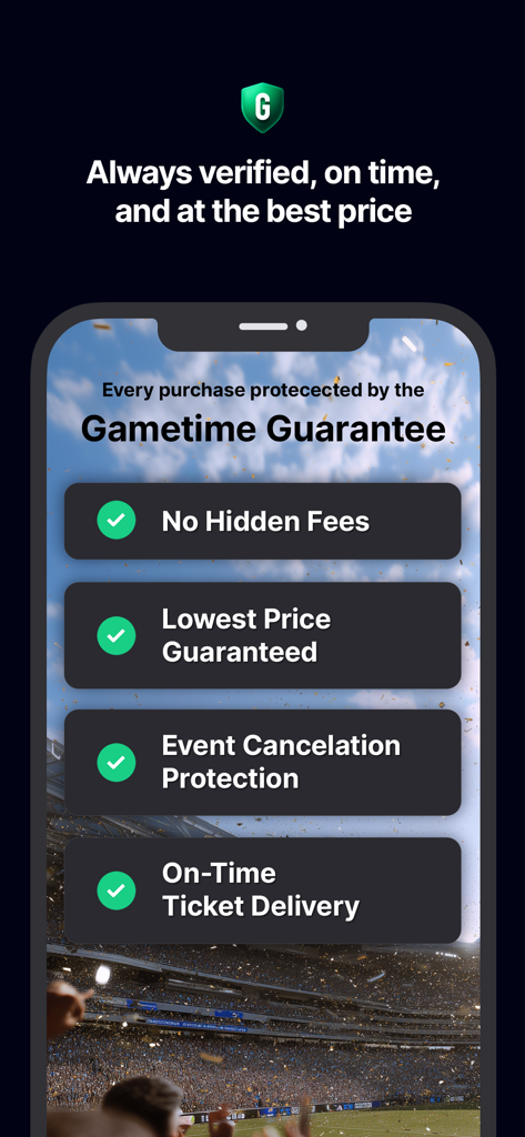 Gametime app screenshot highlighting service guarantees including no hidden fees and lowest price protection