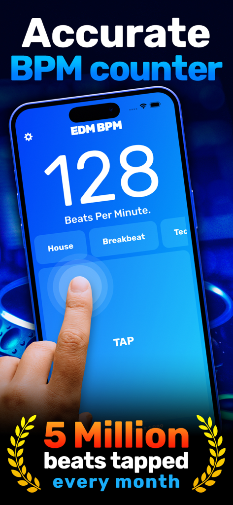 EDM BPM counter app interface showing 128 beats per minute and tapping feature