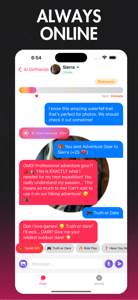 AI Chat Girlfriend app interface showing a 24/7 active chat with a virtual companion named Sierra including gifts and games.
