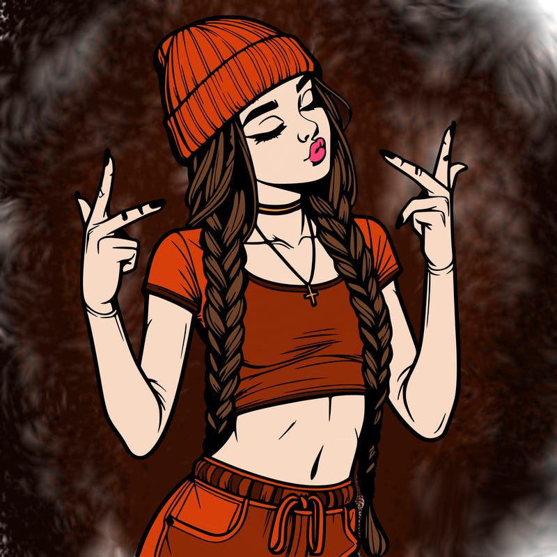 realistic teenage girl with braids and a beanie and crop top doing 🫶🏼