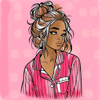 realistic woman with pajamas on and a messy bun