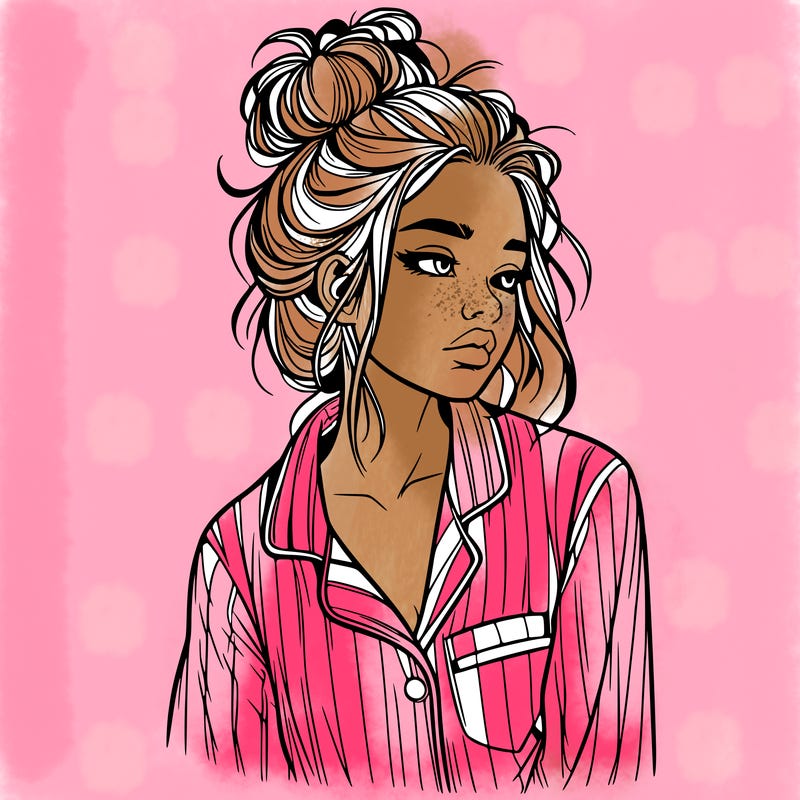realistic woman with pajamas on and a messy bun