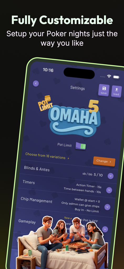 Poker 4 Friends: Chips of Fury - Interface do app Chips of Fury mostrando configurações personalizáveis para um jogo de poker Pot Limit Omaha 5