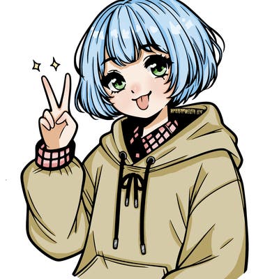anime girl with short hair, freckles, doing peace sign with tongue out, wearing hoodie