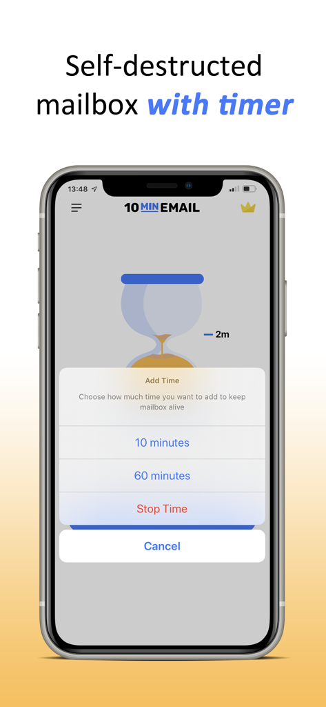 10 Minute Temp Mail app interface showing options to extend the mailbox expiration timer