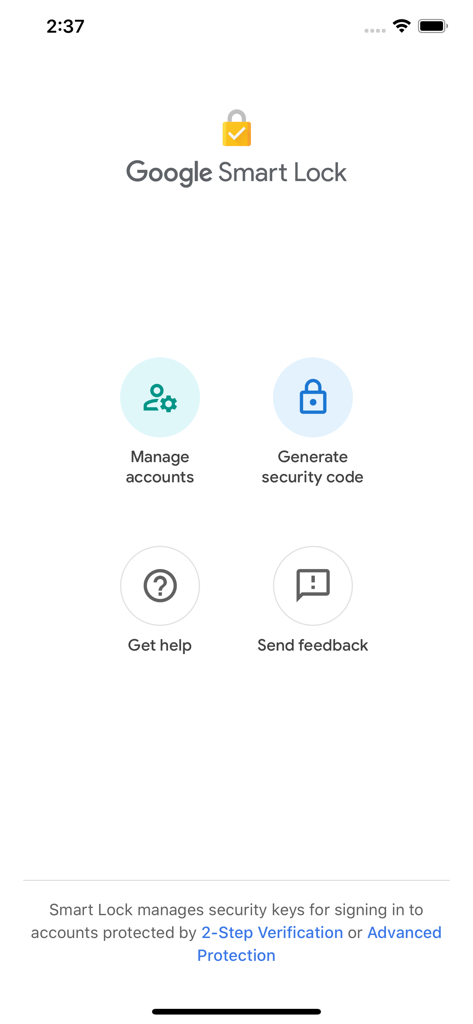 Google Smart Lock - Interfaz de la aplicación Google Smart Lock que muestra opciones para administrar cuentas y generar códigos de seguridad para la verificación en dos pasos.