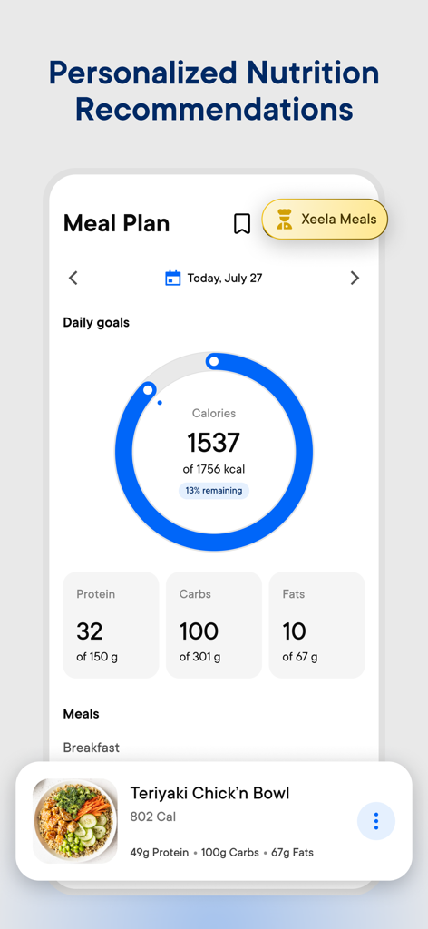 Xeela app interface showing personalized nutrition recommendations with daily calorie goals macro tracking and a meal plan recipe