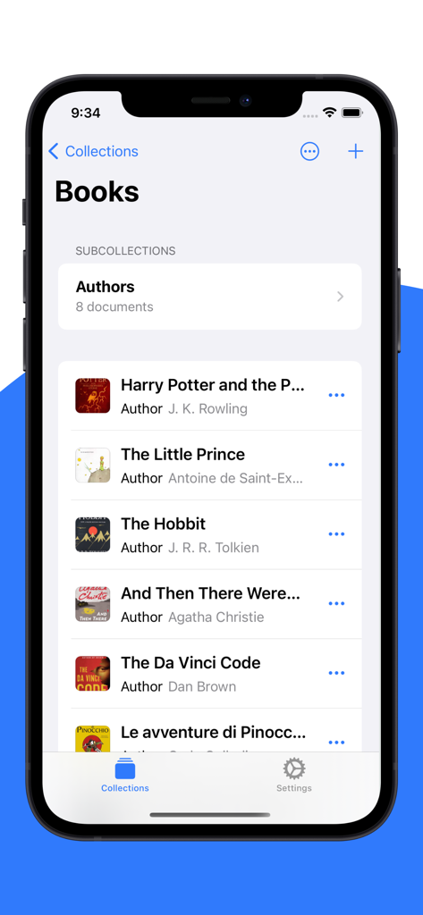 Collections Database - A list of books organized by title and author within the Collections Database app on an iPhone
