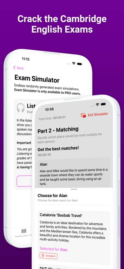 English B1 PET - Cambridge English B1 PET exam simulator interface showing a matching exercise on a mobile phone.