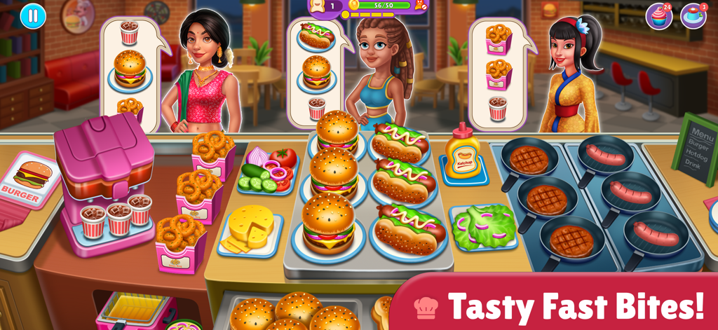 Cooking Utopia Restaurant Chef - Una vibrante escena de cocina de comida rápida en Cooking Utopia mostrando clientes esperando hamburguesas, perritos calientes y aros de cebolla.