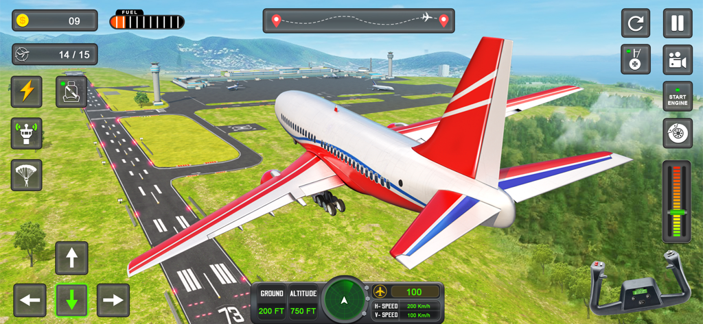 Plane Simulator: Plane Games - A passenger plane taking off from a runway in a 3D flight simulator mobile game