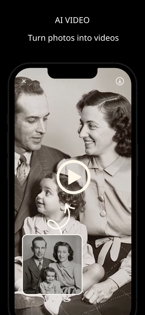 Kimo: AI Photo & Face Analyzer - Kimo app screenshot showing AI video feature to animate vintage photos