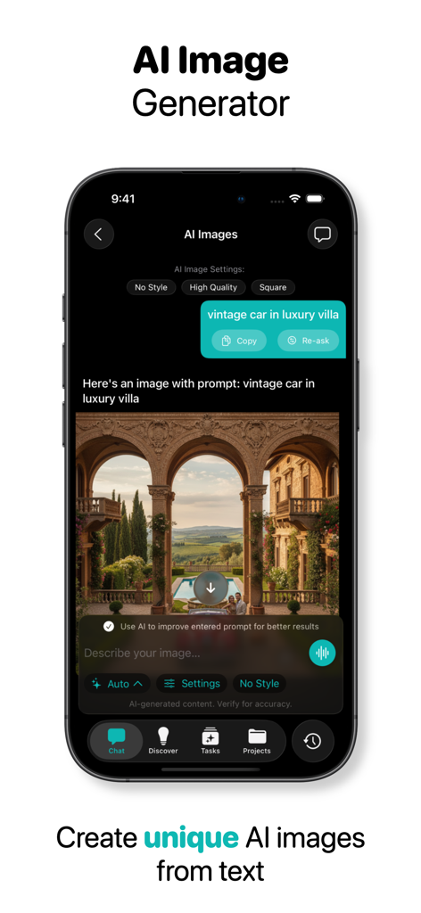 AI ChatBot Assistant ChatUltra - Captura de pantalla de la aplicación móvil ChatUltra AI mostrando la función de generador de imágenes de IA creando una imagen de una villa de lujo a partir de una indicación de texto.