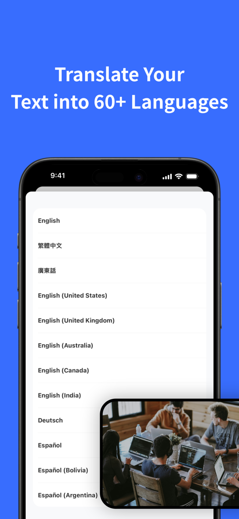 Noker app interface showing a list of over 60 languages for text translation