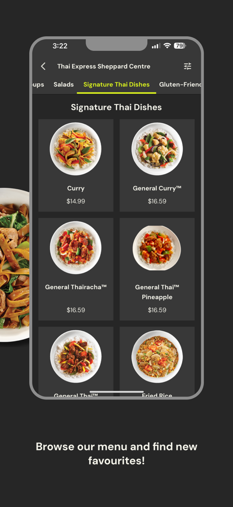 Menú de la aplicación móvil Thai Express Canadá que muestra platos tailandeses exclusivos con precios