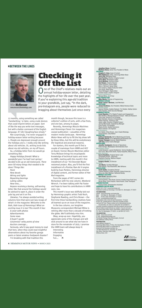 Hemmings Motor News - A magazine editorial page from the Hemmings Motor News app featuring an article titled Checking it Off the List by Mike McNessor