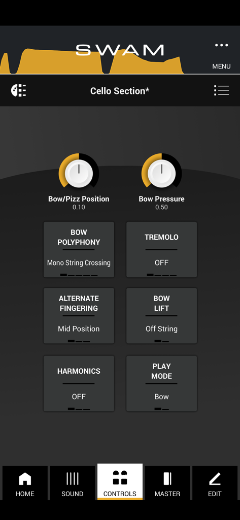 SWAM Cello Section - SWAM Cello Section iOS app interface showing performance controls for bow pressure and position