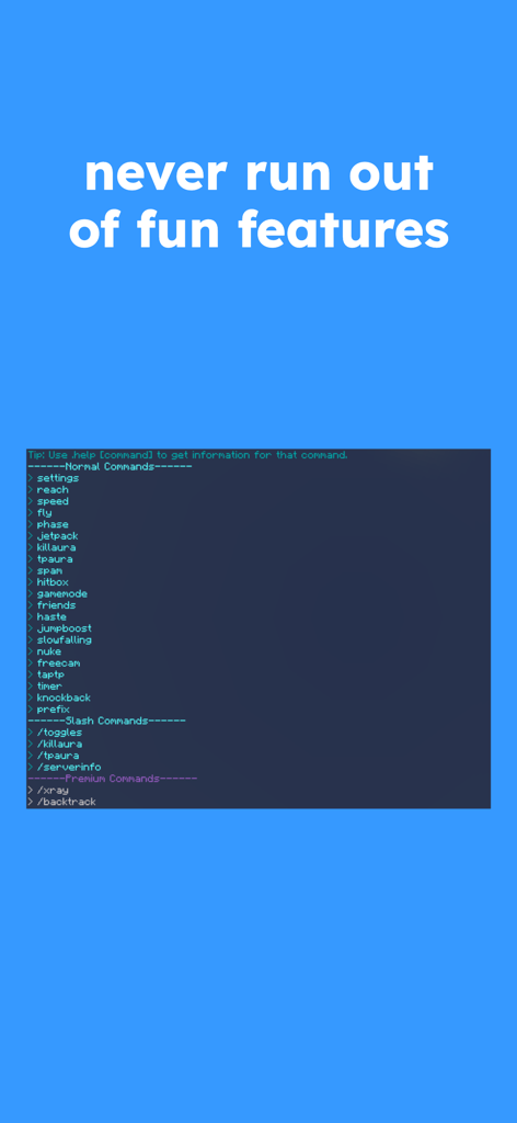 Lunar Proxy for Minecraft: PE - A list of available game commands and utility features in the Lunar Proxy app for Minecraft PE