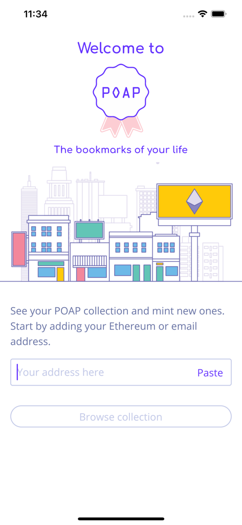 Welcome screen of the POAP app featuring a city illustration and an input field for an Ethereum or email address to browse a digital memory collection.