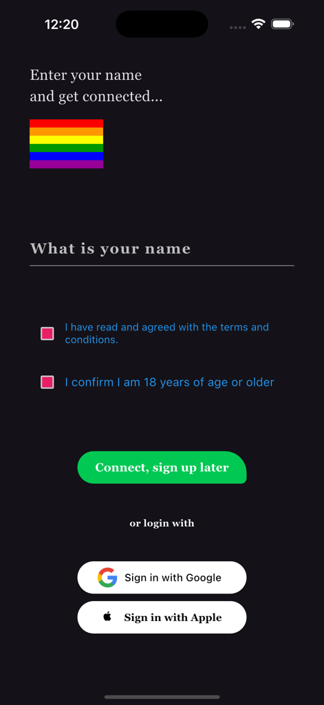 LGBT Chat - Signup screen for the LGBT Chat app with name entry field and social login buttons