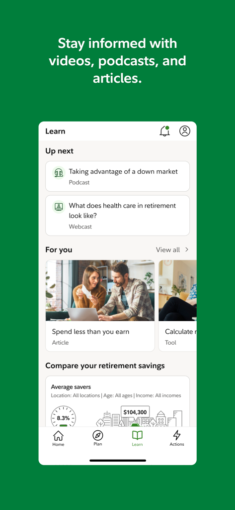 Fidelity NetBenefits app learn screen showing financial podcasts articles and retirement savings comparison tools